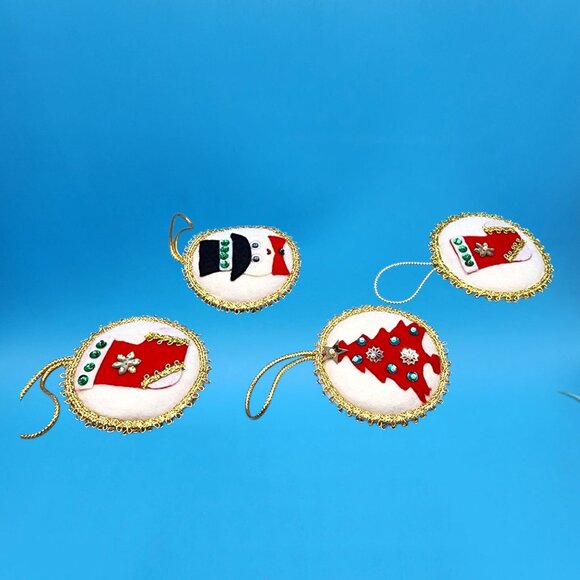 Vintage 1960s Felt Christmas Ornaments Stocking Tree Snowman Sequins Gold Trim - Picture 10 of 12